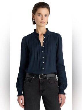 QUINCE Organic Cotton Textured Navy Blue Peasant Blouse Size M